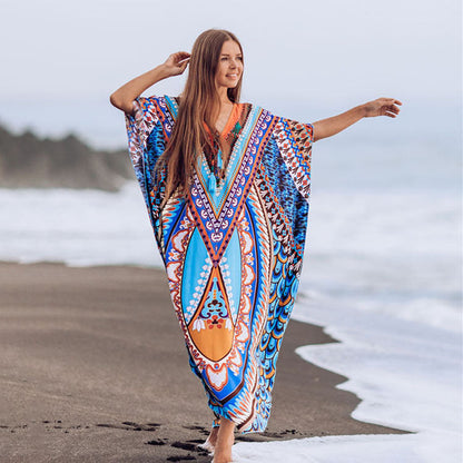 Women's airy kaftan with embroidered tropical motif Ivyshape