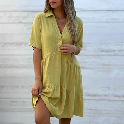 Women Short Sleeve Button-Up Swing Dress Ivyshape