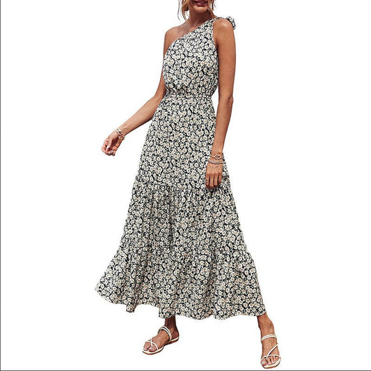 Women's maxi dress with asymmetric neckline and floral print Ivyshape