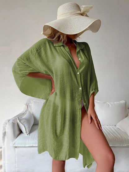 Ladies airy beach cover-up with elegant cut and buttoned design Ivyshape