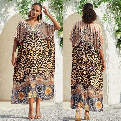 Women’s maxi dress with elegant leopard print and side slits Ivyshape