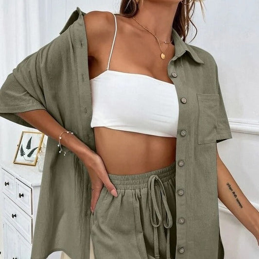 Women’s Casual Two-Piece Set with Shirt and Shorts Ivyshape
