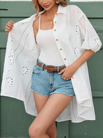 Ladies shirt jacket with floral embroidery design Ivyshape