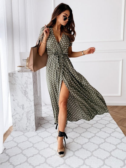 Women's maxi dress with playful polka dot design and elegant wrap look Ivyshape