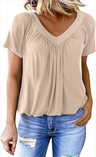 Women Pleated V-Neck Casual Top Ivyshape
