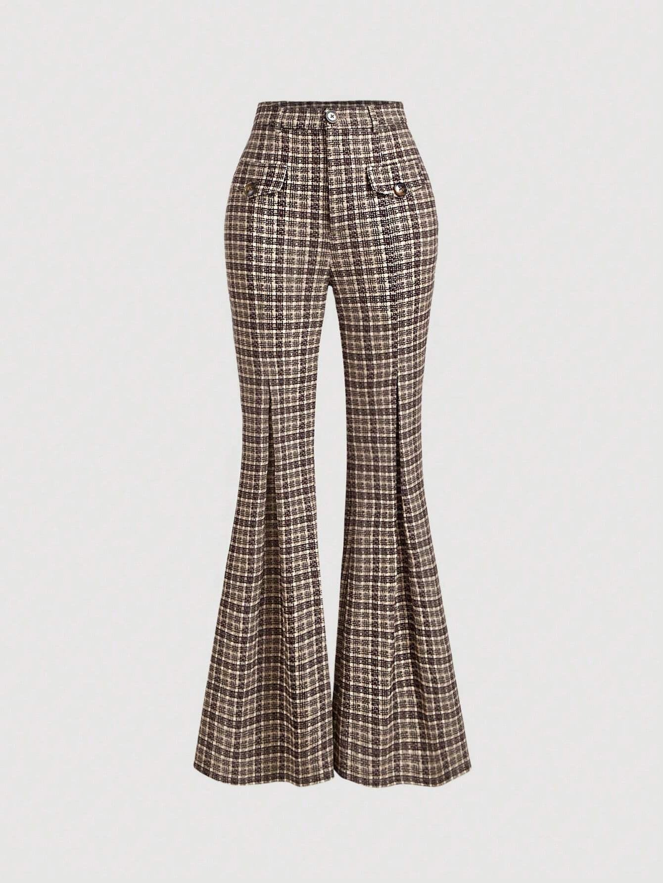 Women's high-waisted flared trousers with checked pattern Ivyshape
