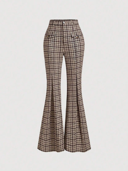 Women's high-waisted flared trousers with checked pattern Ivyshape