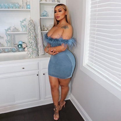 Women Off-Shoulder Denim Mini Dress with Feather Details Ivyshape