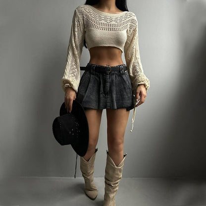 Ladies knit top with elegant lace pattern and wide sleeves Ivyshape