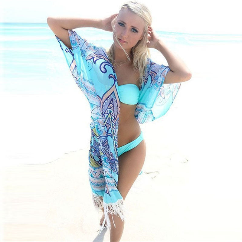 Ladies luxurious beach towel with fringed finish and artistic pattern Ivyshape