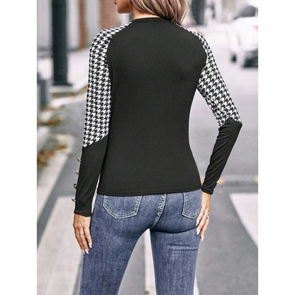 Women's Figure-Hugging Long Sleeve Top with Houndstooth Pattern Ivyshape