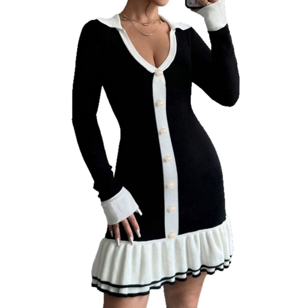 Women's knitted dress with collar and pleats Ivyshape