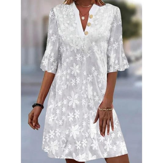 Ladies casual dress with floral pattern and button detail Ivyshape
