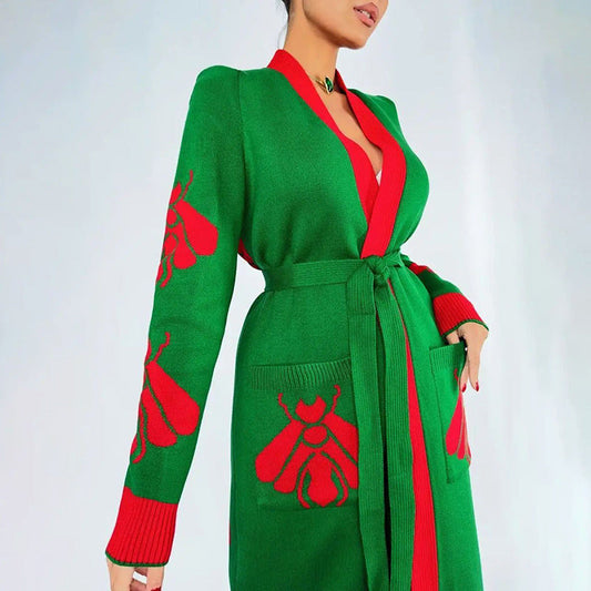 Women's knitted coat with intricate embroidery and modern button design Ivyshape