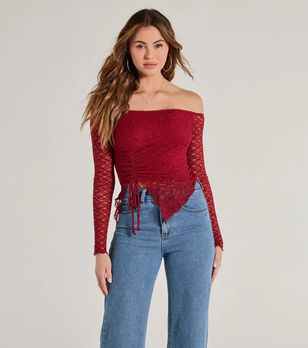 Women's Off-Shoulder Lace Top with Adjustable Hem Ivyshape