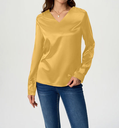 Ladies elegant V-neck satin top with long sleeves Ivyshape
