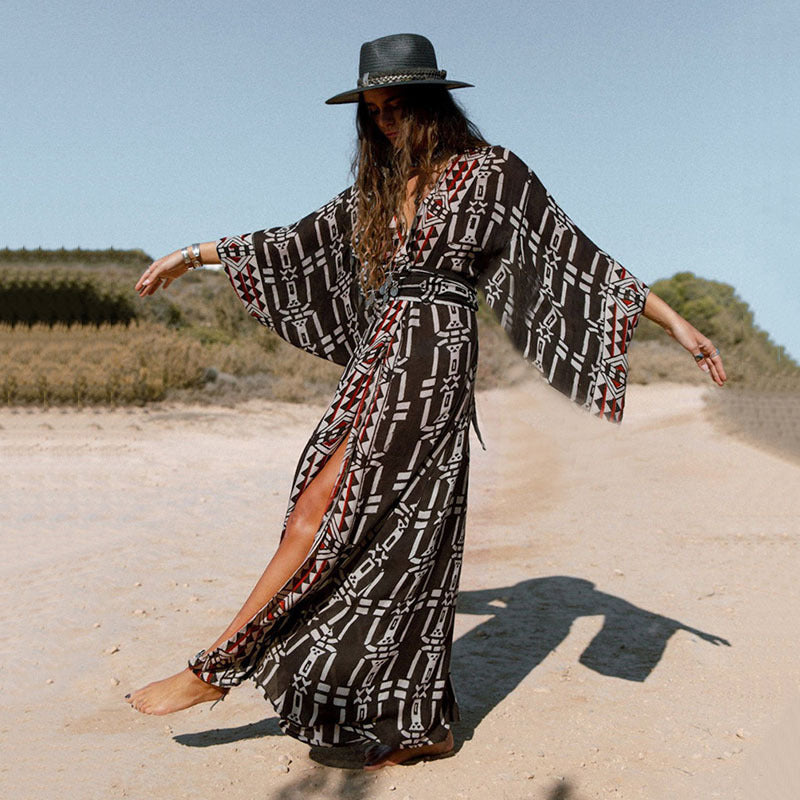 Ladies Maxi Kaftan with elegant ethnic design and deep slits Ivyshape