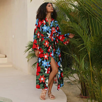 Ladies elegant flower kaftan with side slit Ivyshape