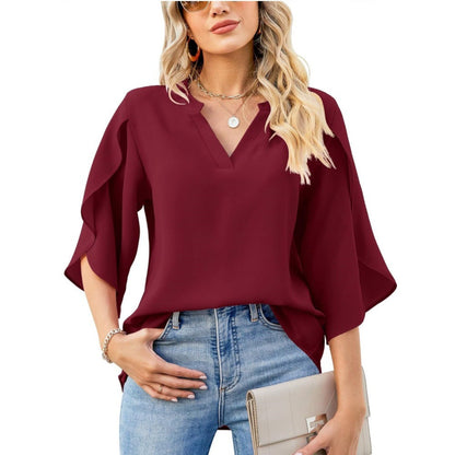 Women's Elegant Blouse with Asymmetric Sleeve and V-Neck Ivyshape