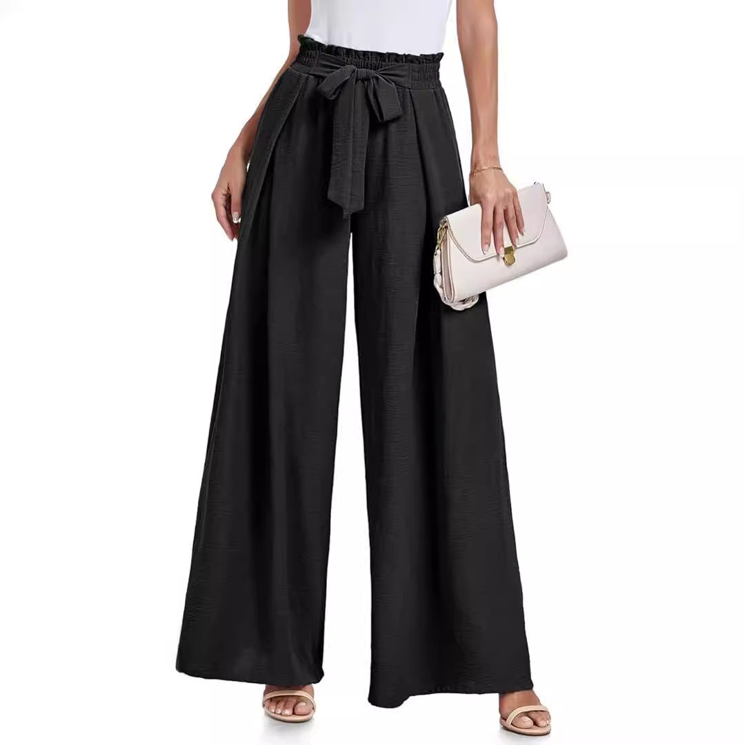 Ladies Wide High Waist Pants with Tie Belt and Elegant Style Ivyshape