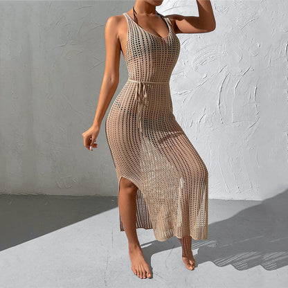 Ladies crochet stand-up dress with deep V-neck and side slits Ivyshape