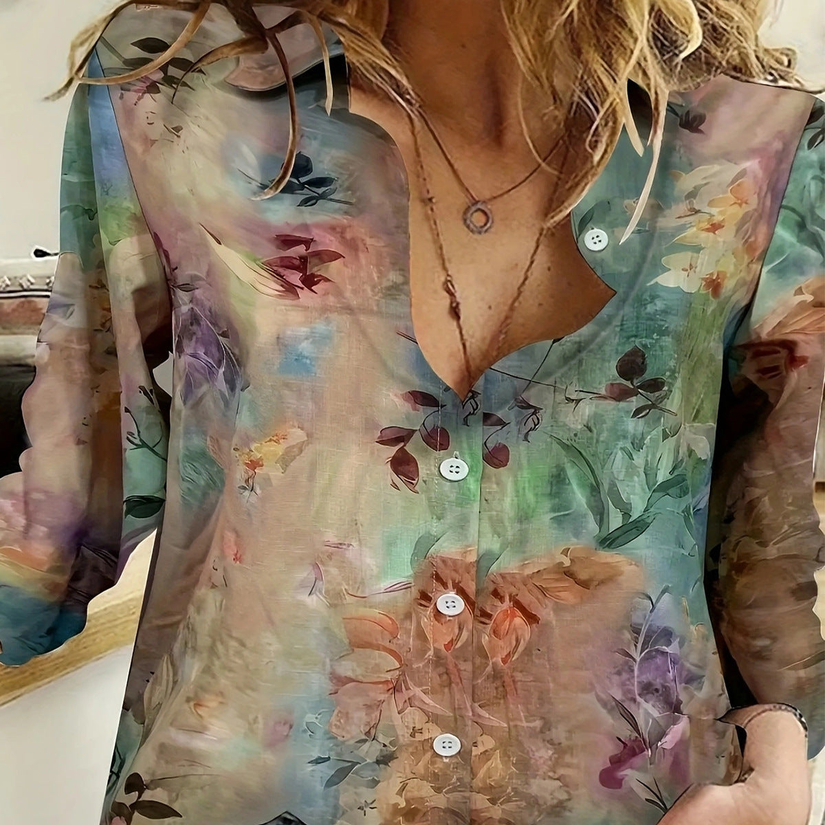 Women's Sheer Blouse with Floral Pattern and Button Placket Ivyshape