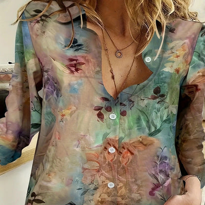 Women's Sheer Blouse with Floral Pattern and Button Placket Ivyshape