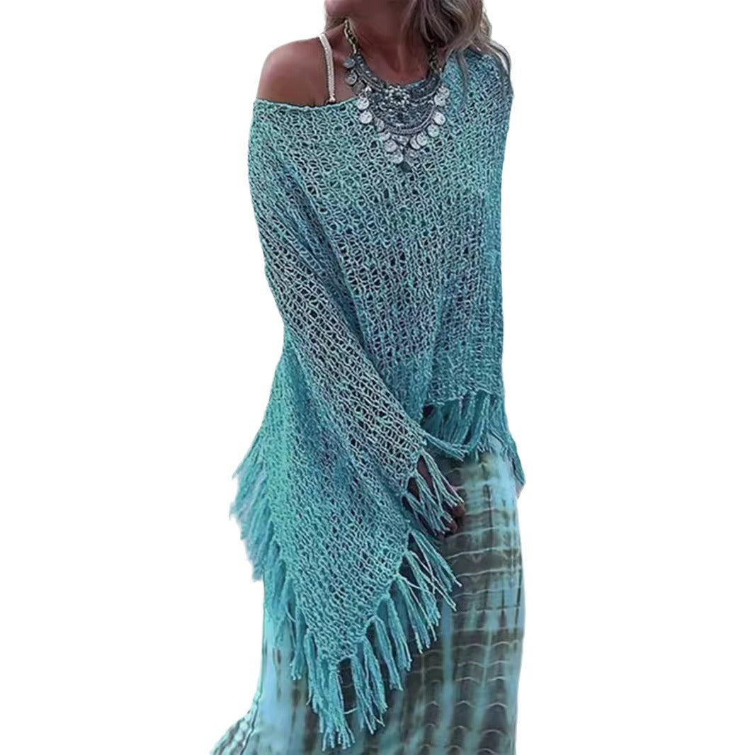 Ladies airy crochet poncho with fringe design Ivyshape