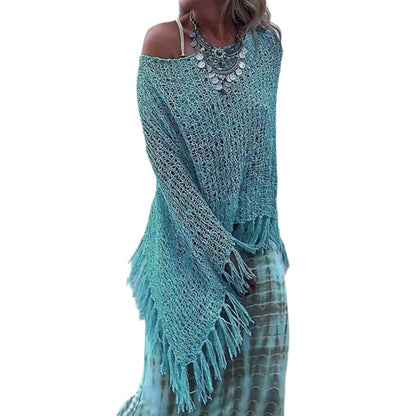 Ladies airy crochet poncho with fringe design Ivyshape