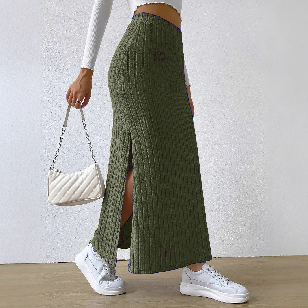Women's Long Ribbed Knit Skirt with Side Split and Elastic Waistband Ivyshape
