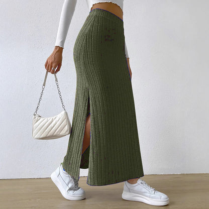 Women's Long Ribbed Knit Skirt with Side Split and Elastic Waistband Ivyshape