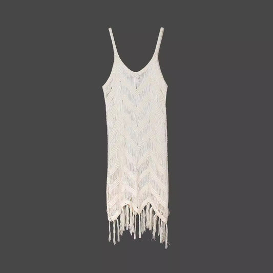 Women’s Crochet Beach Dress with Fringes and Stylish Pattern Ivyshape