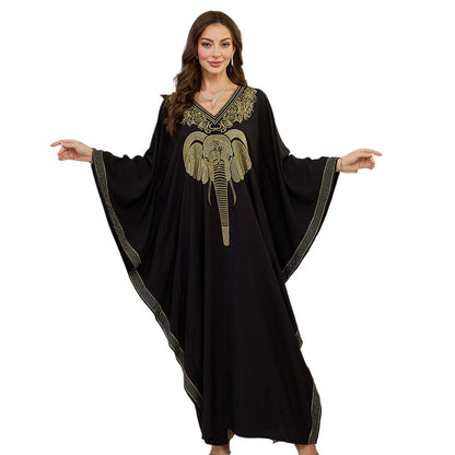 Women's Elegant Kaftan with Intricate Elephant Embroidery and Wide-Swinging Sleeves Ivyshape