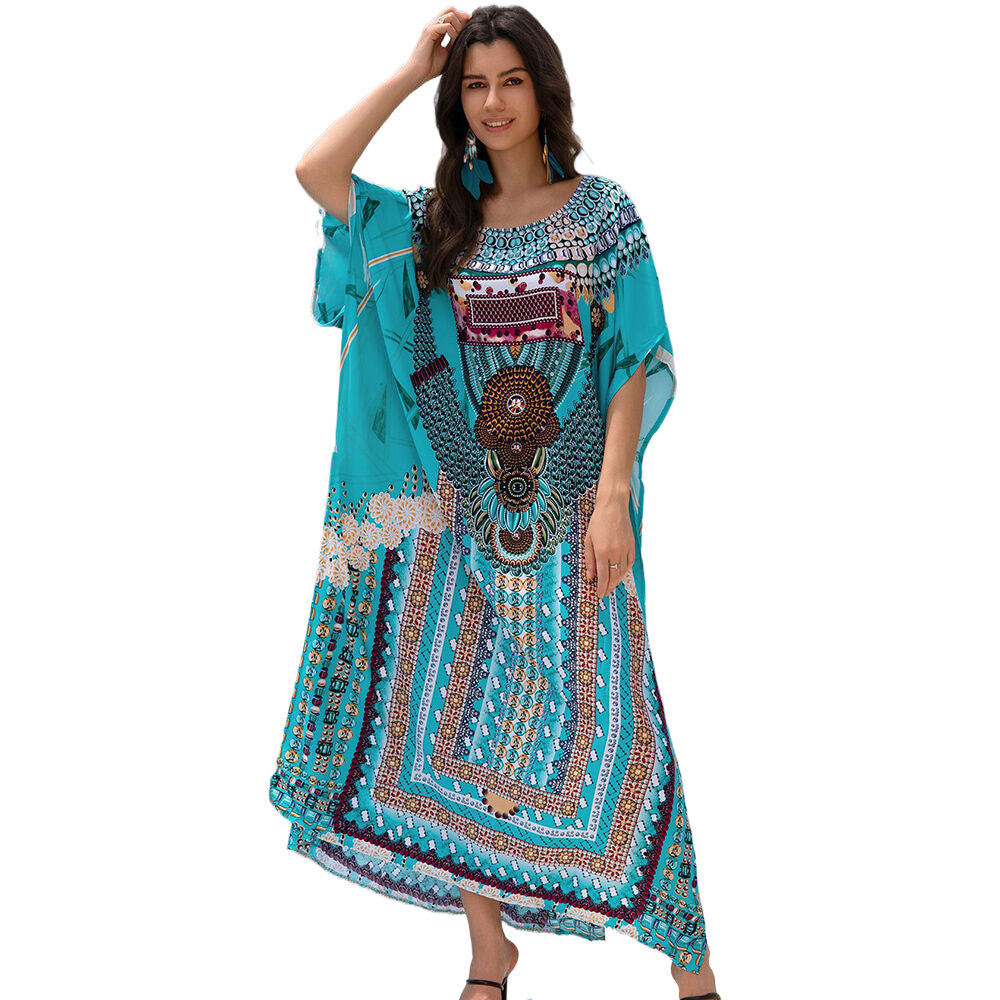 Women’s beach dress with large graphic print and wide sleeves Ivyshape