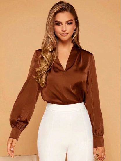 Women's Satin Blouse with V-Neck and Elegant Puff Sleeves Ivyshape