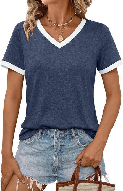 Women Casual V-Neck T-Shirt with Contrast Trim Ivyshape