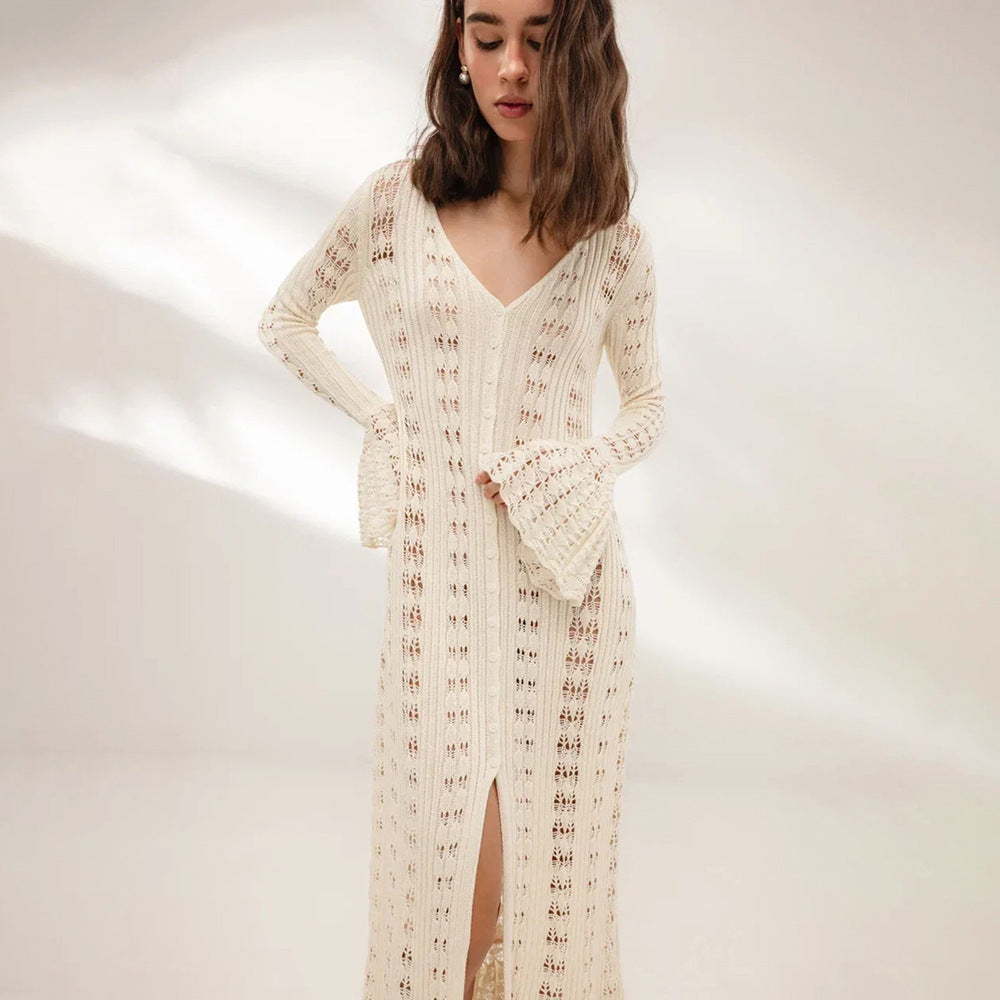 Women's knitted dress with romantic crochet pattern and voluminous sleeves Ivyshape