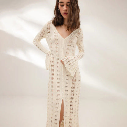 Women's knitted dress with romantic crochet pattern and voluminous sleeves Ivyshape