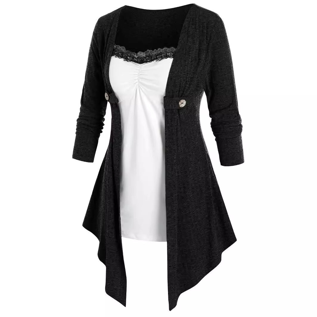 Women Open Cardigan with Asymmetrical Hem and Button Detail Ivyshape