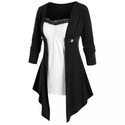 Women Open Cardigan with Asymmetrical Hem and Button Detail Ivyshape