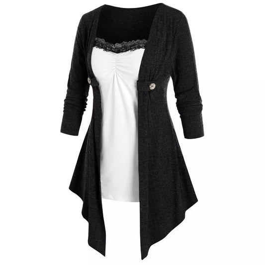 Women Open Cardigan with Asymmetrical Hem and Button Detail Ivyshape