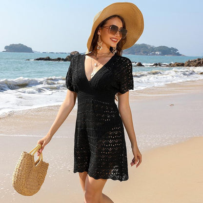 Women's Crochet Beach Dress with Deep V-Neck and Airy Silhouette Ivyshape