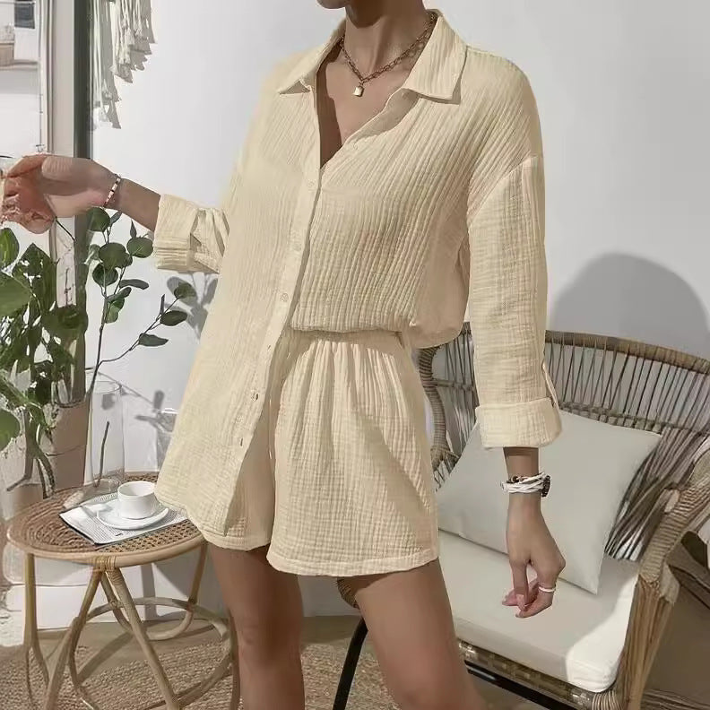 Women's Casual Short Jumpsuit with Shirt Collar and Rolled Sleeves Ivyshape