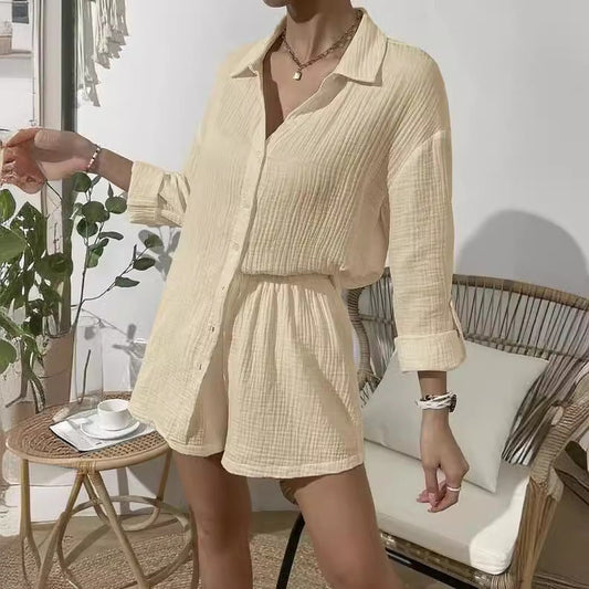 Women's Casual Short Jumpsuit with Shirt Collar and Rolled Sleeves Ivyshape