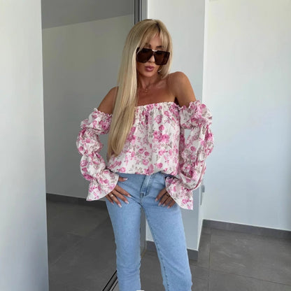 Women's Off-Shoulder Blouse with Voluminous Sleeves and Floral Design Ivyshape