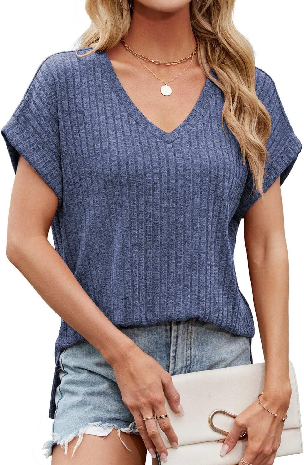 Women's Casual V-Neck T-Shirt with Textured Fabric Ivyshape