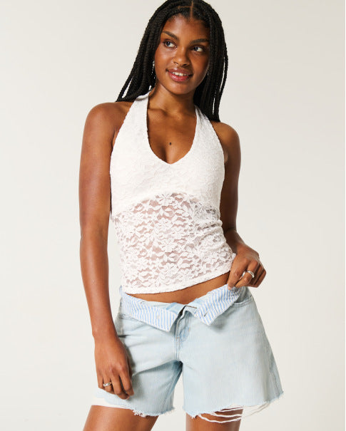 Women's Halter Neck Lace Crop Top Ivyshape