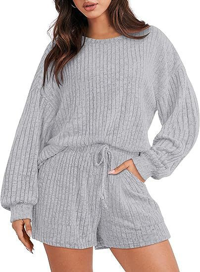 Ladies Knit Loungewear Set with Long Sleeves and Elastic Waistband Ivyshape