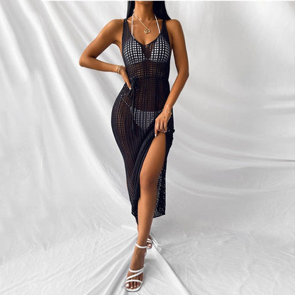 Ladies crochet stand-up dress with deep V-neck and side slits Ivyshape