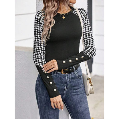 Women's Figure-Hugging Long Sleeve Top with Houndstooth Pattern Ivyshape